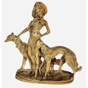 Vintage Art Deco Lady with Borzoi Russian Wolfhound Dogs Resin Sculpture